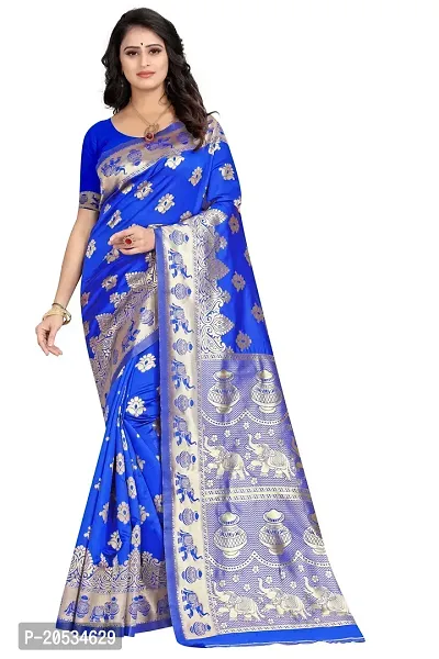 Women's Blue Banarsi Kanjivaram Silk Saree With Unstitched Blouse Pcs ||Ssf9016-Blue-thumb0