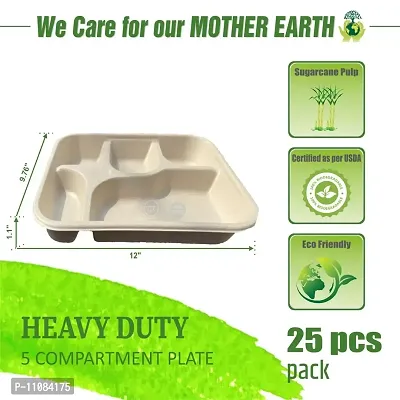 SMS Hydrotech Disposable Plates | 5 Compartment (Pack of 25) | Biodegradable Eco-Friendly Dinner Plate | Disposal Square Thali| Microwave Safe Plates, Breakfast Plates, Disposable Plates-thumb2