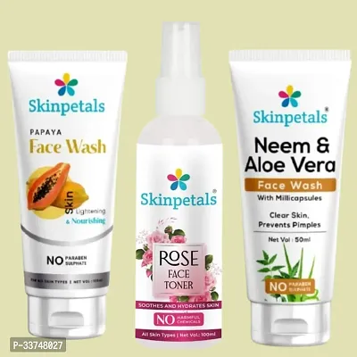 Skinpetals Neem  Aloevera Face Wash 50ml2,papaya Face Wash 100ml, Rose Face Toner 100ml