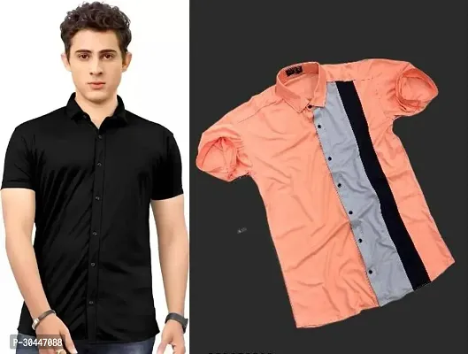 Stylish Multicoloured Lycra Short Sleeves Solid Casual Shirt For Men Pack Of 2-thumb0