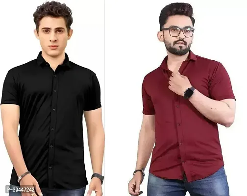 Stylish Multicoloured Lycra Short Sleeves Solid Casual Shirt For Men Pack Of 2