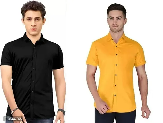 Stylish Multicoloured Lycra Short Sleeves Solid Casual Shirt For Men Pack Of 2-thumb0