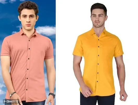 Stylish Multicoloured Lycra Short Sleeves Solid Casual Shirt For Men Pack Of 2-thumb0