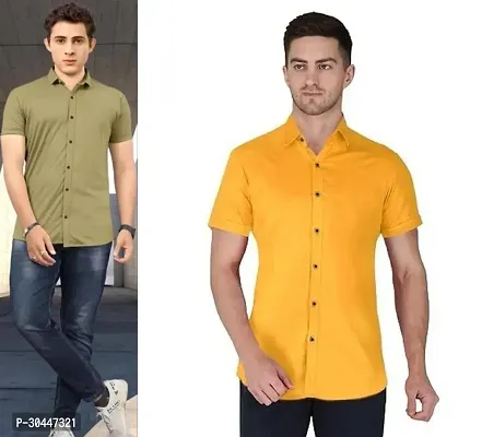 Stylish Multicoloured Lycra Short Sleeves Solid Casual Shirt For Men Pack Of 2-thumb0