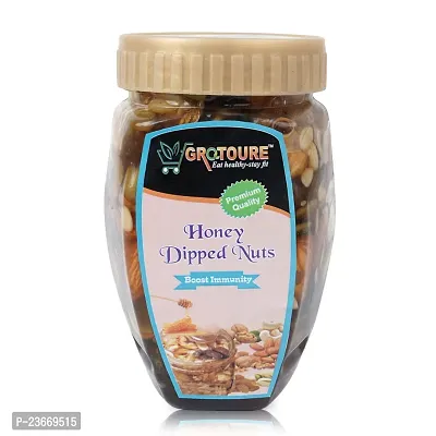 Grotoure Honey Dipped Dry Fruits And Nuts, Roasted And Crunchy With 100% Immunity and Energy Booster -450 Grm