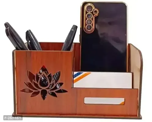 Pen Stand with Visiting Card  Mobile Holder Multipurpose Wooden Desk Organizer Pen and Pencil Stand for Office Table with Business Card Holder Box and Mobile Stand-thumb0