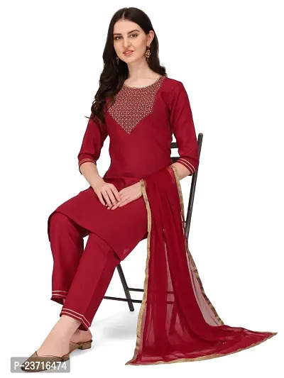 Ketotifen Women's Embroidered Rayon Ethnic Wear 3/4 Sleeve Round Neck Latest Kurti Pant  Dupatta Set (G_D_31072055)-thumb4