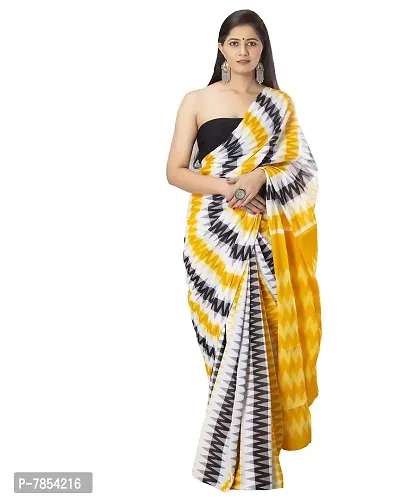 Radhika Handicrafts Women's Hand block Ikat Batik Sanganeri Jaipuri Printed Cotton Mulmul Fabric Saree With Blouse Piece_THB-011_Yellow