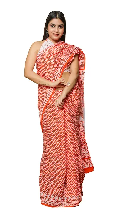 Radhika Handicrafts Women's Mulmul Hand Block Saree With Blouse Piece_ SH-1036