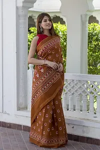 Radhika Handicrafts Women's Hand block Ikat Batik Sanganeri Jaipuri Printed Cotton Mulmul Fabric Saree With Blouse Piece_THB-035_Brown-thumb2