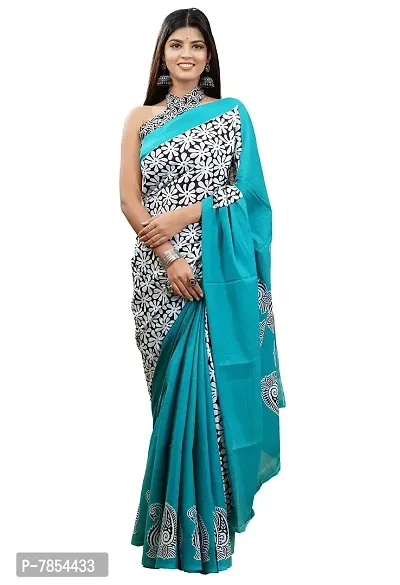 Radhika Handicrafts Women's Mulmul Cotton Hand Block Floral Printed Saree With Blouse Piece_ RH-0953-thumb0