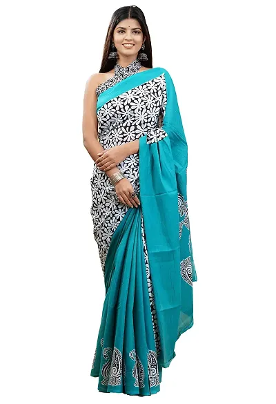 Radhika Handicrafts Women's Mulmul Hand Block Floral Saree With Blouse Piece_ RH-0953