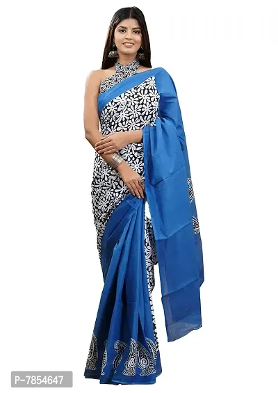 Radhika Handicrafts Women's Mulmul Cotton Hand Block Floral Printed Saree With Blouse Piece_ RH-0954