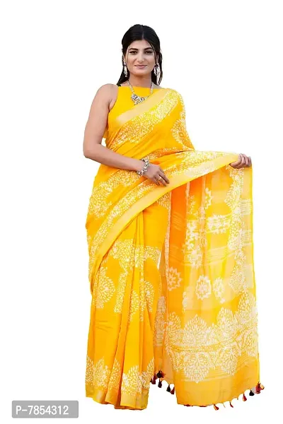 Radhika Handicrafts Women's Linen Hand Block Printed Saree With Blouse Piece_ CL-052