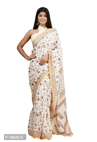 Radhika Handicrafts Women's Mulmul Cotton Hand Block Printed With Zari Border Saree With Blouse Piece_ RH-0989