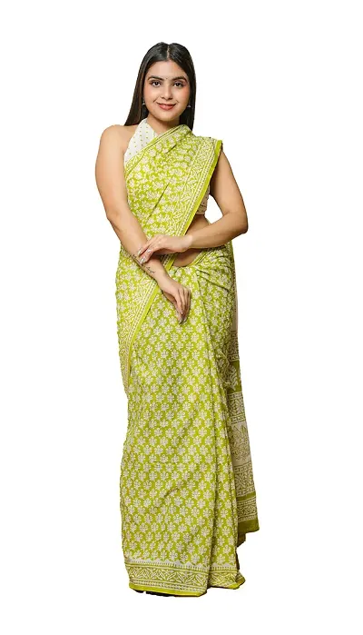 Radhika Handicrafts Women's Mulmul Hand Block Saree With Blouse Piece_ SH-1034