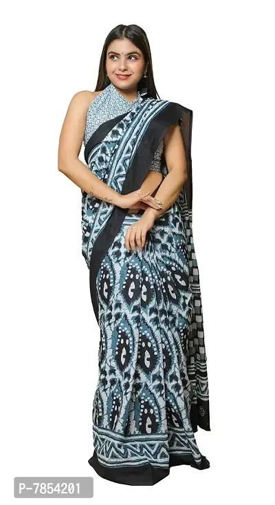 Radhika Handicrafts Women's Cotton Mulmul Hand Block Printed Saree With Blouse Piece_ SH-1028