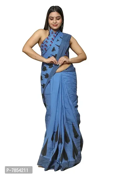 Radhika Handicrafts Women's Cotton Mulmul Hand Block Printed Saree With Blouse Piece_ SH-1075