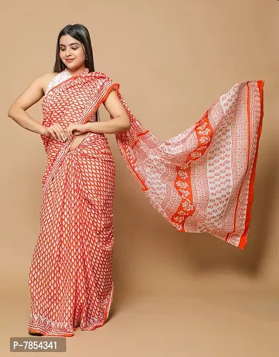 Radhika Handicrafts Women's Cotton Mulmul Hand Block Printed Saree With Blouse Piece_ SH-1037-thumb5