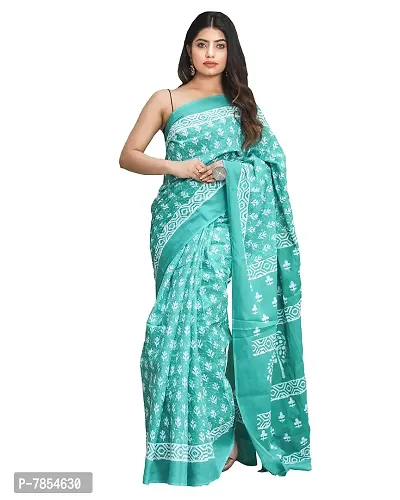 Radhika Handicrafts Women's Hand block Ikat Batik Sanganeri Jaipuri Printed Cotton Mulmul Saree With Blouse Piece_THB-016_Rama Green