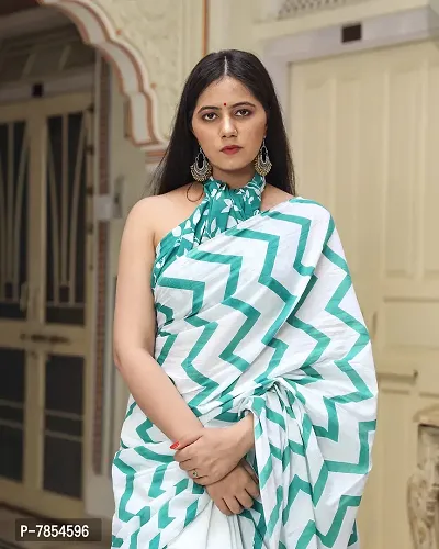 Radhika Handicrafts Women's Hand block Ikat Batik Sanganeri Jaipuri Printed Cotton Mulmul Fabric Saree With Blouse Piece_THB-013_Rama Green-thumb2