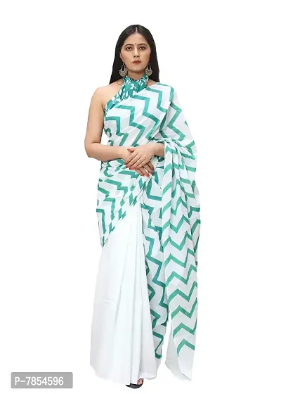 Radhika Handicrafts Women's Hand block Ikat Batik Sanganeri Jaipuri Printed Cotton Mulmul Fabric Saree With Blouse Piece_THB-013_Rama Green