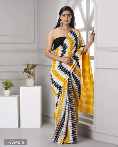 Radhika Handicrafts Women's Hand block Ikat Batik Sanganeri Jaipuri Printed Cotton Mulmul Fabric Saree With Blouse Piece_THB-011_Yellow-thumb4