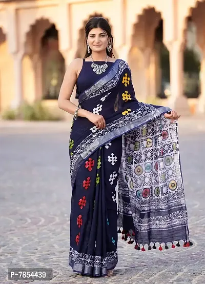 Radhika Handicrafts Women's Linen Hand Block Printed Saree With Blouse Piece_ CL-050-thumb5