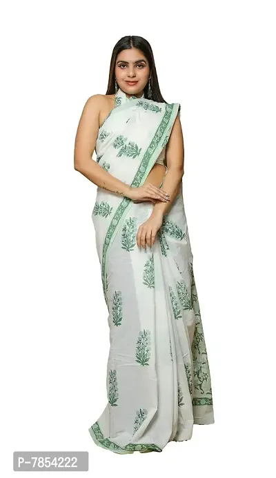 Radhika Handicrafts Women's Cotton Mulmul Hand Block Printed Saree With Blouse Piece_ SH-1020-thumb0