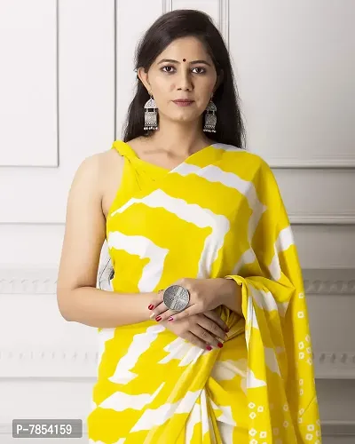 Radhika Handicrafts Women's Hand block Ikat Batik Sanganeri Jaipuri Printed Cotton Mulmul Fabric Saree With Blouse Piece_THB-009_Yellow-thumb2