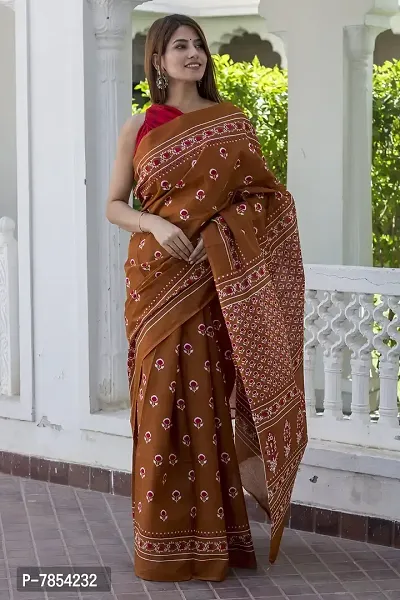 Radhika Handicrafts Women's Hand block Ikat Batik Sanganeri Jaipuri Printed Cotton Mulmul Fabric Saree With Blouse Piece_THB-035_Brown-thumb4