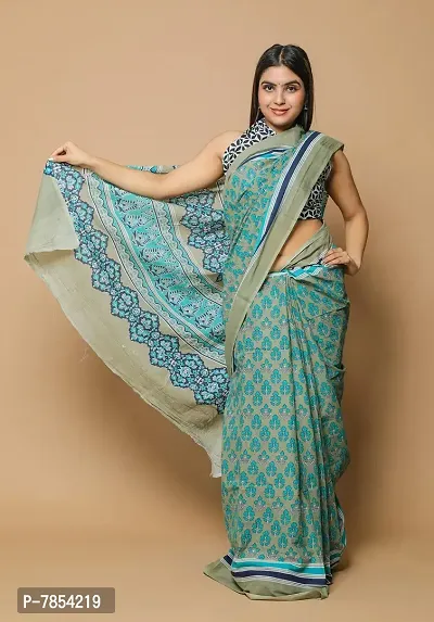 Radhika Handicrafts Women's Cotton Mulmul Hand Block Printed Saree With Blouse Piece_ SH-1044-thumb3