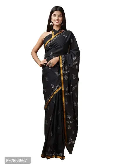 Radhika Handicrafts Women's Mulmul Cotton Hand Block Printed With Zari Border Saree With Blouse Piece_ RH-0979