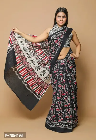 Radhika Handicrafts Women's Cotton Mulmul Hand Block Printed Saree With Blouse Piece_ SH-1043-thumb3