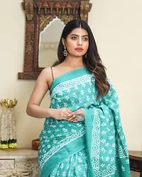 Radhika Handicrafts Women's Hand block Ikat Batik Sanganeri Jaipuri Printed Cotton Mulmul Saree With Blouse Piece_THB-016_Rama Green-thumb1