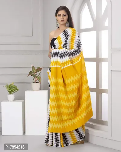 Radhika Handicrafts Women's Hand block Ikat Batik Sanganeri Jaipuri Printed Cotton Mulmul Fabric Saree With Blouse Piece_THB-011_Yellow-thumb3