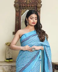 Radhika Handicrafts Women's Hand block Ikat Batik Sanganeri Jaipuri Printed Cotton Mulmul Saree With Blouse Piece_THB-021_Sky Blue-thumb1