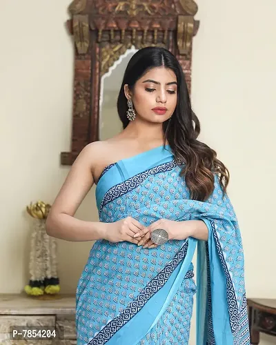 Radhika Handicrafts Women's Hand block Ikat Batik Sanganeri Jaipuri Printed Cotton Mulmul Saree With Blouse Piece_THB-021_Sky Blue-thumb2