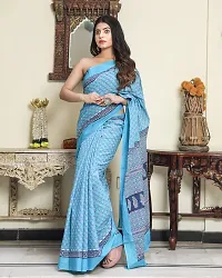 Radhika Handicrafts Women's Hand block Ikat Batik Sanganeri Jaipuri Printed Cotton Mulmul Saree With Blouse Piece_THB-021_Sky Blue-thumb3