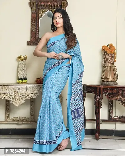 Radhika Handicrafts Women's Hand block Ikat Batik Sanganeri Jaipuri Printed Cotton Mulmul Saree With Blouse Piece_THB-021_Sky Blue-thumb4