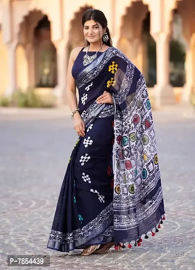 Radhika Handicrafts Women's Linen Hand Block Printed Saree With Blouse Piece_ CL-050-thumb4