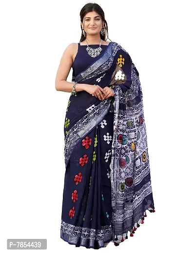 Radhika Handicrafts Women's Linen Hand Block Printed Saree With Blouse Piece_ CL-050