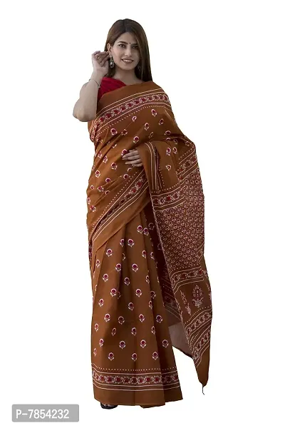 Radhika Handicrafts Women's Hand block Ikat Batik Sanganeri Jaipuri Printed Cotton Mulmul Fabric Saree With Blouse Piece_THB-035_Brown-thumb0