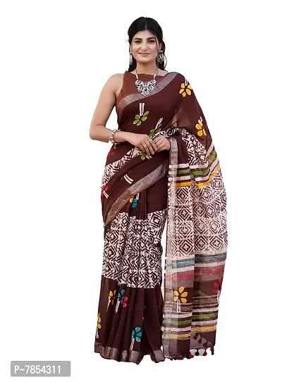 Radhika Handicrafts Women's Linen Hand Block Printed Saree With Blouse Piece_ CL-049-thumb0