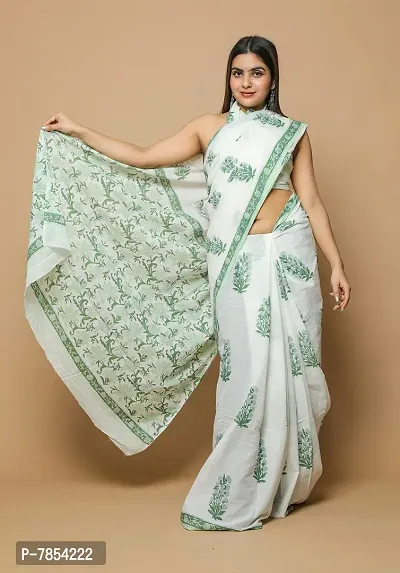 Radhika Handicrafts Women's Cotton Mulmul Hand Block Printed Saree With Blouse Piece_ SH-1020-thumb4