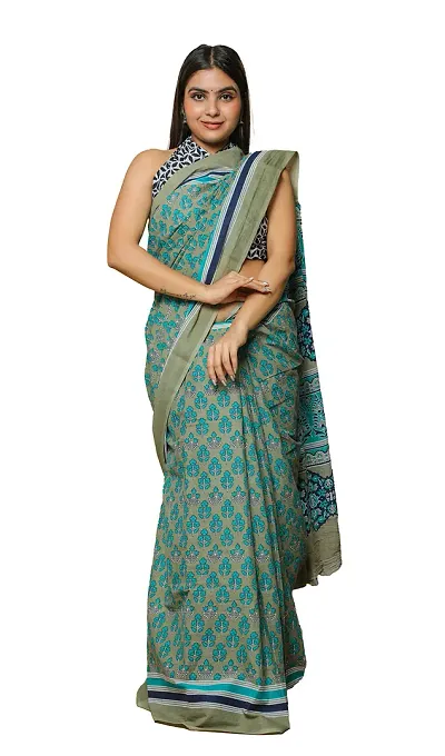 Radhika Handicrafts Women's Mulmul Hand Block Saree With Blouse Piece_ SH-1036