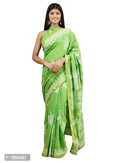 Radhika Handicrafts Women's Mulmul Cotton Hand Block Printed With Zari Border Saree With Blouse Piece_ RH-0992-thumb0