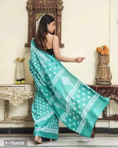 Radhika Handicrafts Women's Hand block Ikat Batik Sanganeri Jaipuri Printed Cotton Mulmul Saree With Blouse Piece_THB-016_Rama Green-thumb3