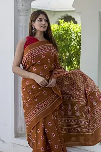 Radhika Handicrafts Women's Hand block Ikat Batik Sanganeri Jaipuri Printed Cotton Mulmul Fabric Saree With Blouse Piece_THB-035_Brown-thumb1