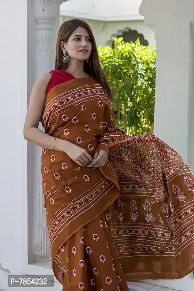 Radhika Handicrafts Women's Hand block Ikat Batik Sanganeri Jaipuri Printed Cotton Mulmul Fabric Saree With Blouse Piece_THB-035_Brown-thumb2